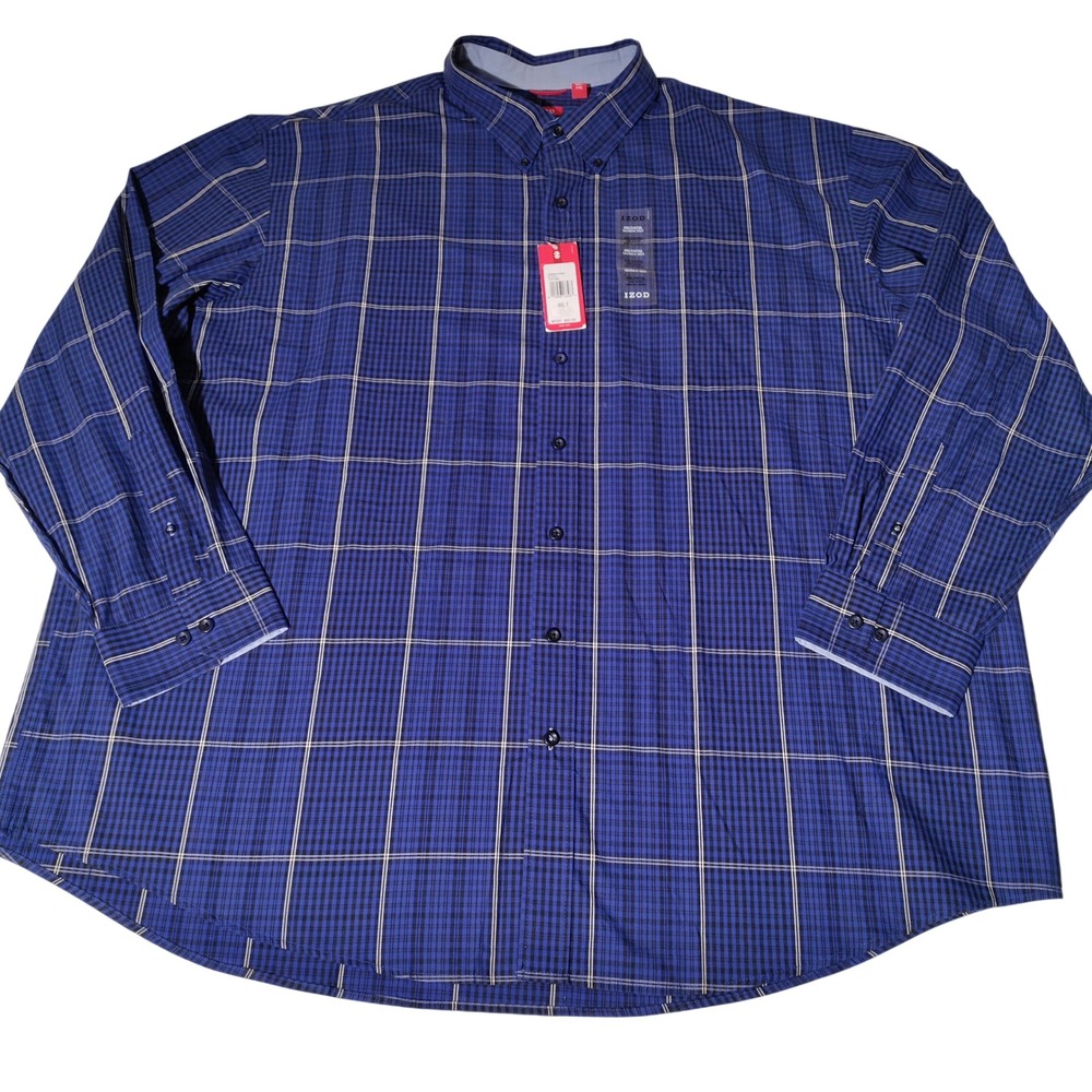 IZOD Mens 4XLT Blue Plaid Button Down Shirt Long Sleeve 100% Cotton Tall Fit